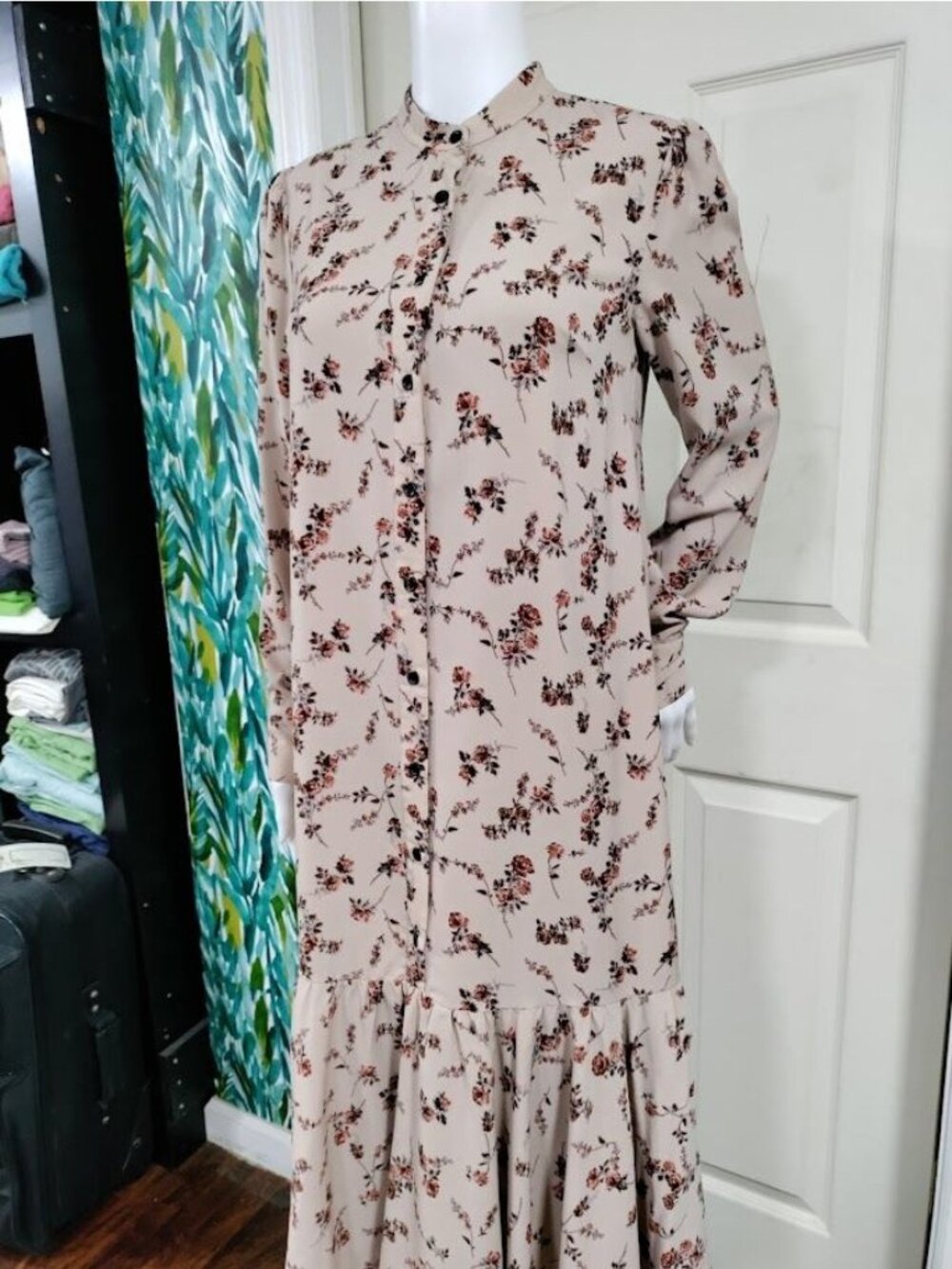 Begonia Puff Long Sleeve High Neck Floral Print Hi-Low Dress Beige Womens Small - Picture 4 of 16